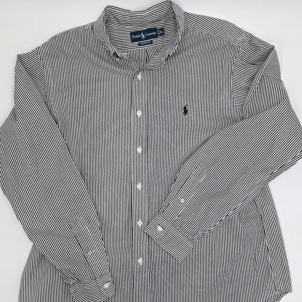 Ralph Lauren Mens XL Classic Fit Striped Button Down Shirt Navy White Long
